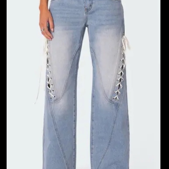 Edikted Denim - Edikted Sky Blue Lace-Up Flare Jeans